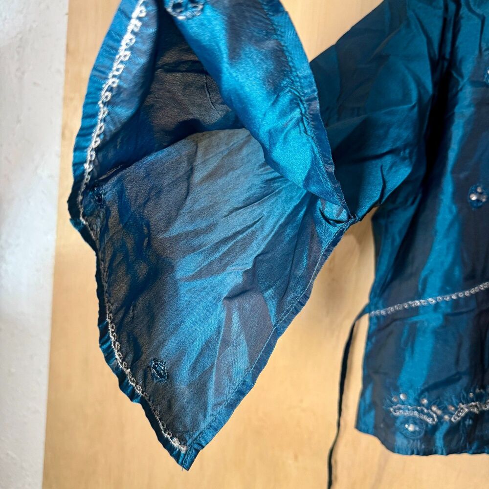 Vintage 90s PASSPORT Embroidered Top Blue Boho Metallic Rayon India Large - Picture 4 of 9